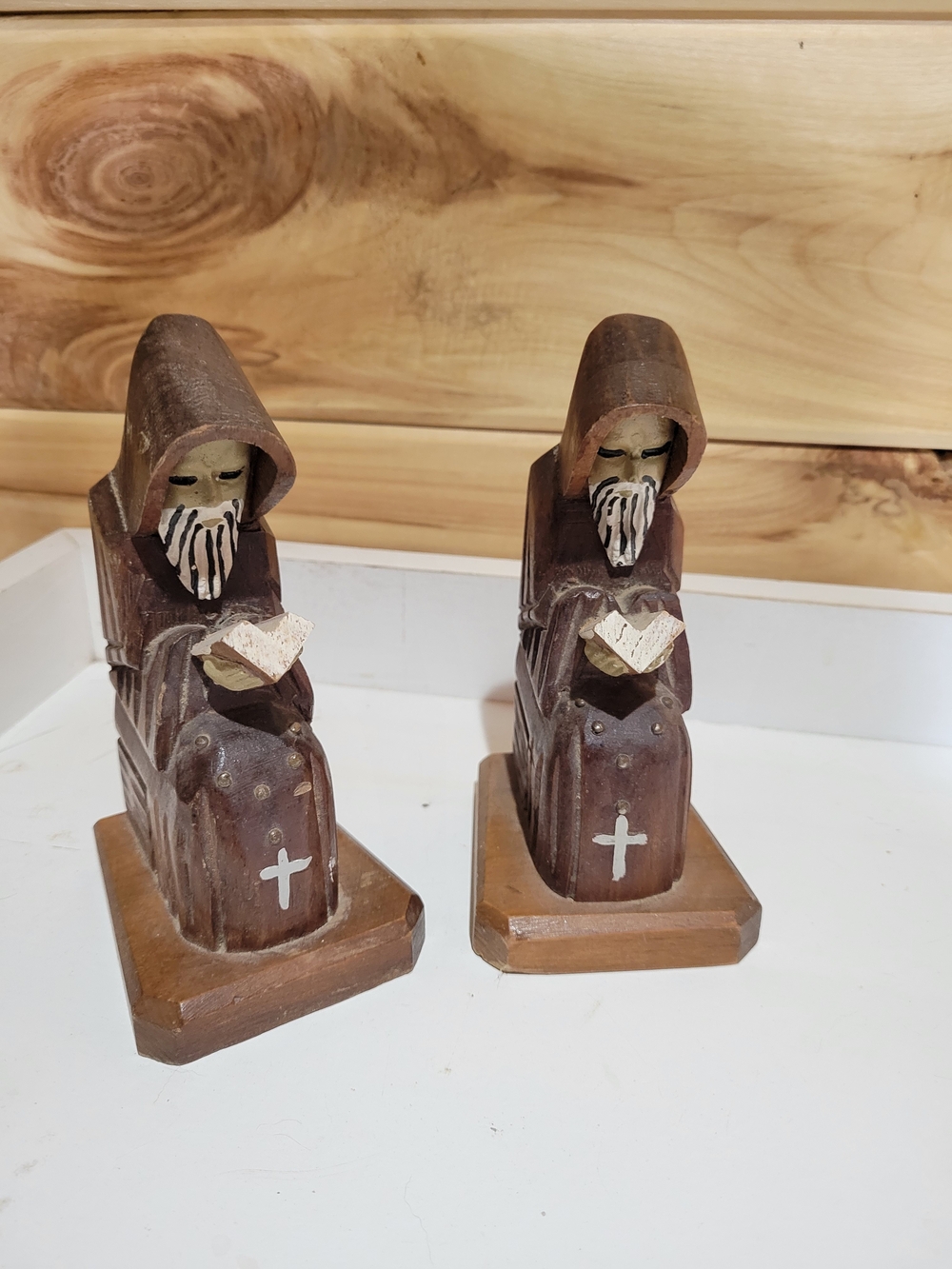 Unk Brown Wooden Monk Bookends with White Cross Accents Religous
